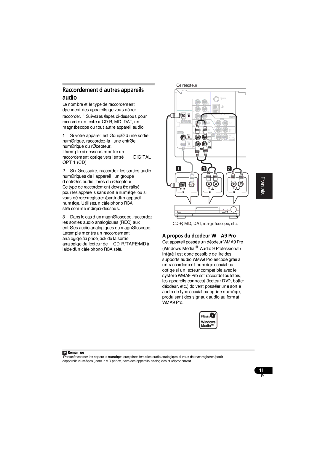 Pioneer XRE3138-A Raccordement d’autres appareils audio, Propos du décodeur WMA9 Pro, CD-R, MD, DAT, magnétoscope, etc 