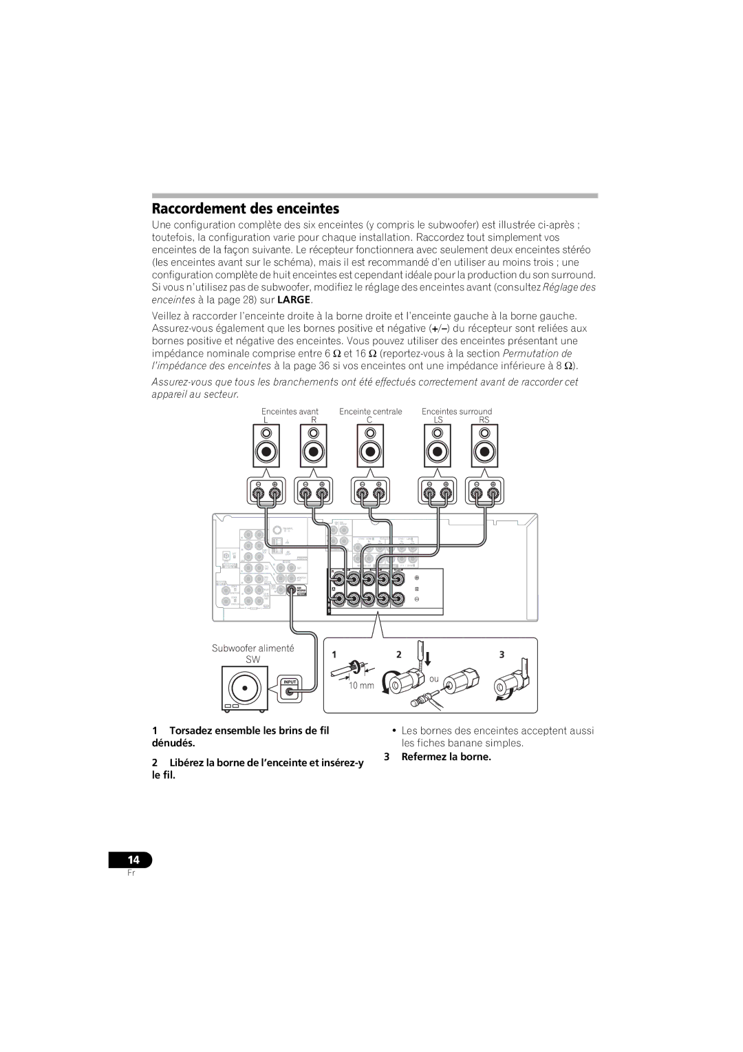 Pioneer XRE3138-A manual Raccordement des enceintes, Refermez la borne 