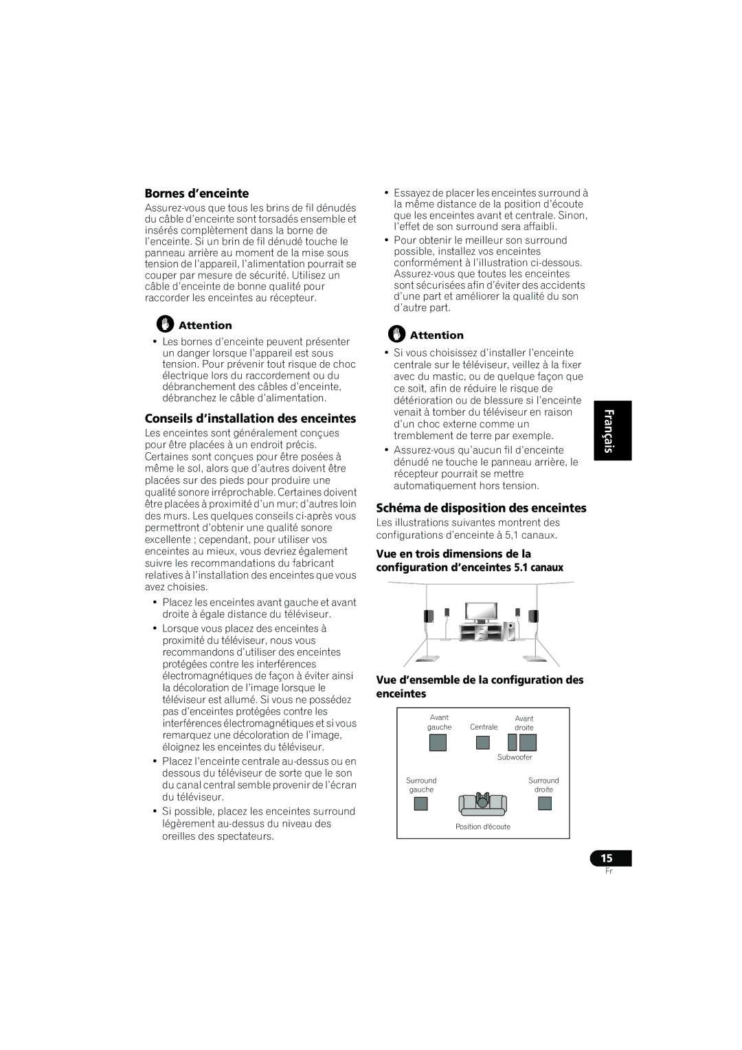 Pioneer XRE3138-A manual Bornes d’enceinte, Conseils d’installation des enceintes, Schéma de disposition des enceintes 