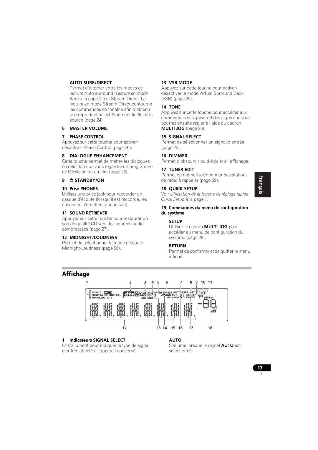 Pioneer XRE3138-A manual Affichage, Prise Phones, Commandes du menu de configuration du système, Indicateurs Signal Select 