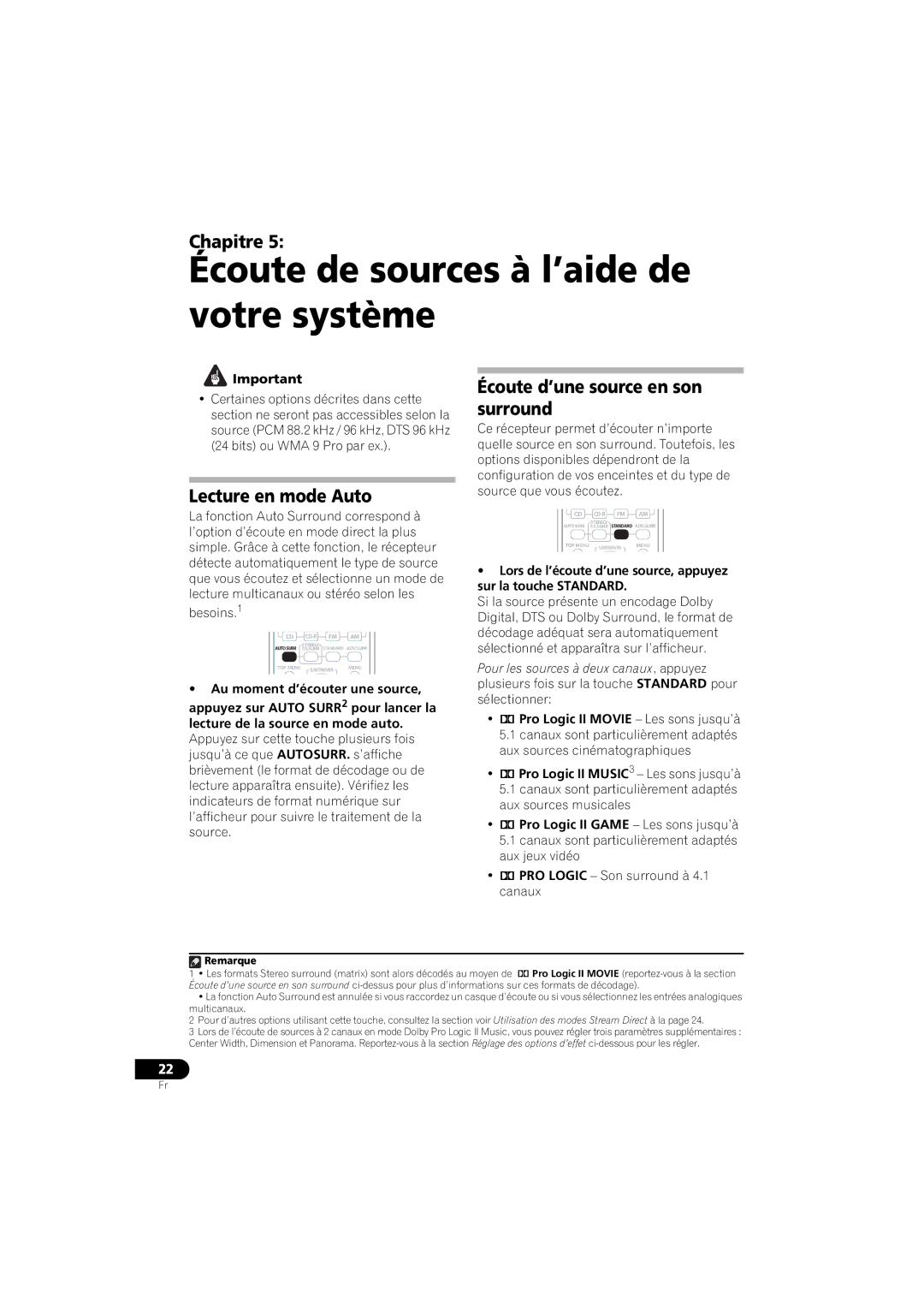 Pioneer XRE3138-A Écoute de sources à l’aide de votre système, Lecture en mode Auto, Écoute d’une source en son surround 