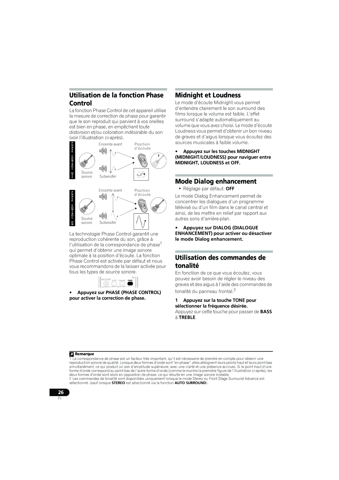 Pioneer XRE3138-A manual Utilisation de la fonction Phase Control, Midnight et Loudness, Mode Dialog enhancement 