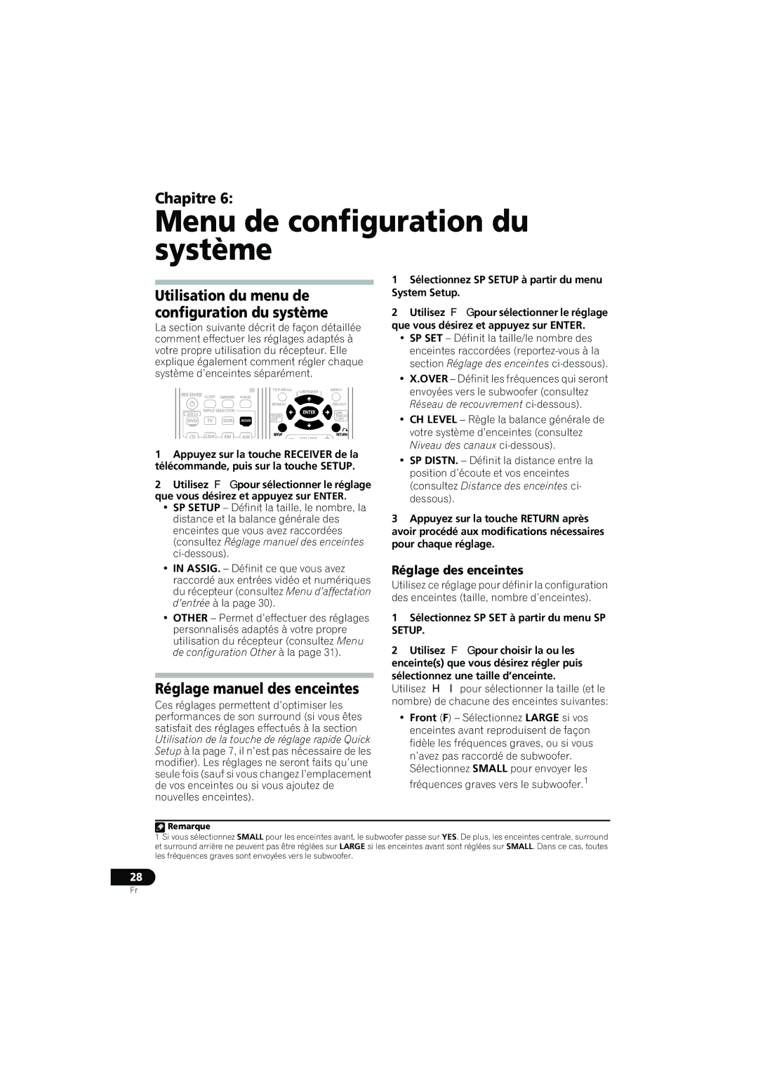 Pioneer XRE3138-A manual Menu de configuration du système, Réglage manuel des enceintes, Réglage des enceintes 