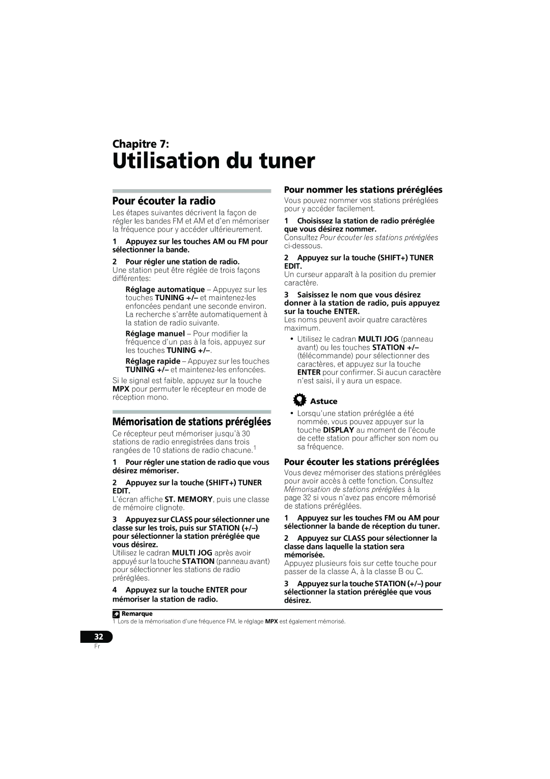 Pioneer XRE3138-A manual Utilisation du tuner, Pour écouter la radio, Mémorisation de stations préréglées 