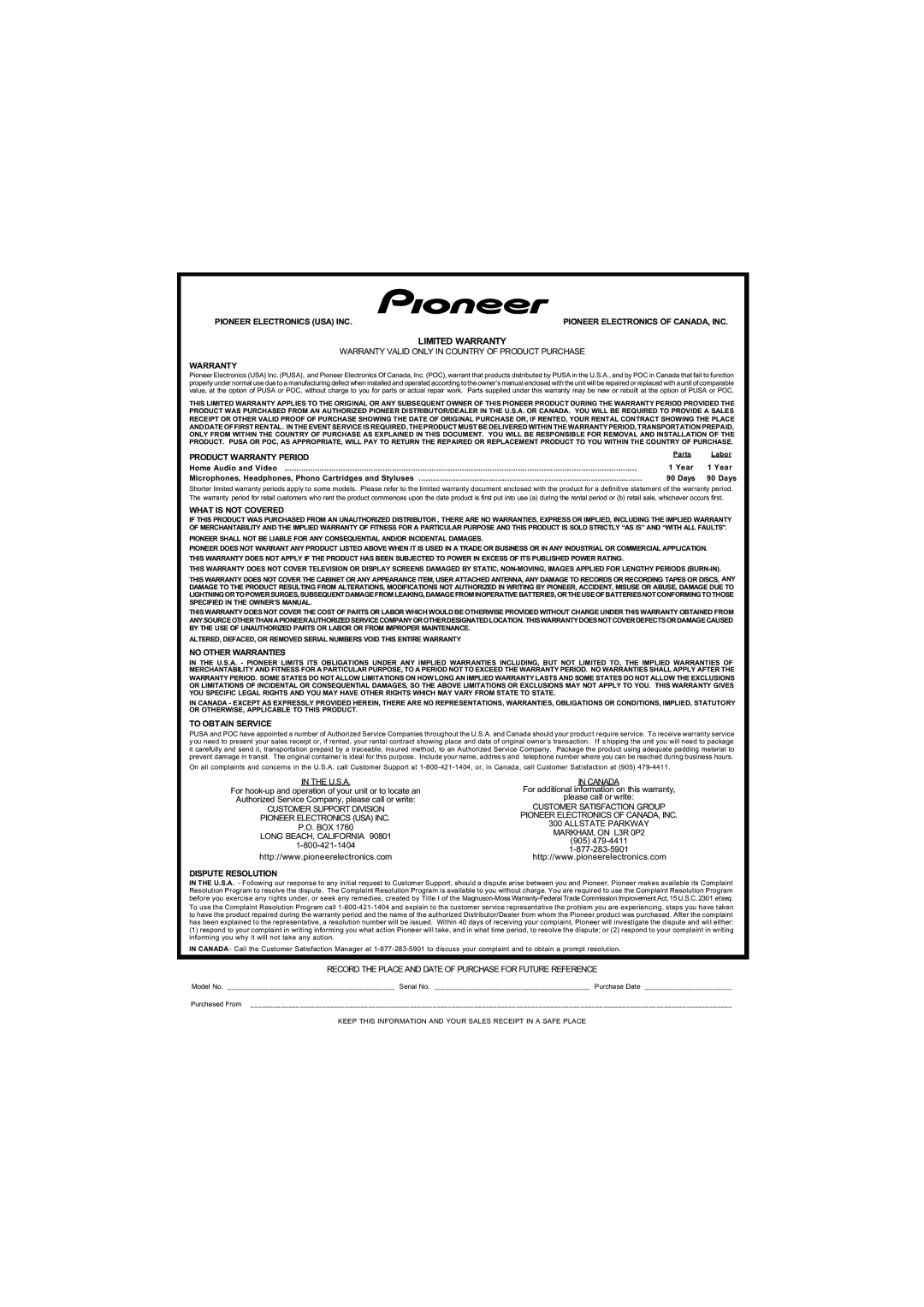 Pioneer XRE3138-A manual Limited Warranty 