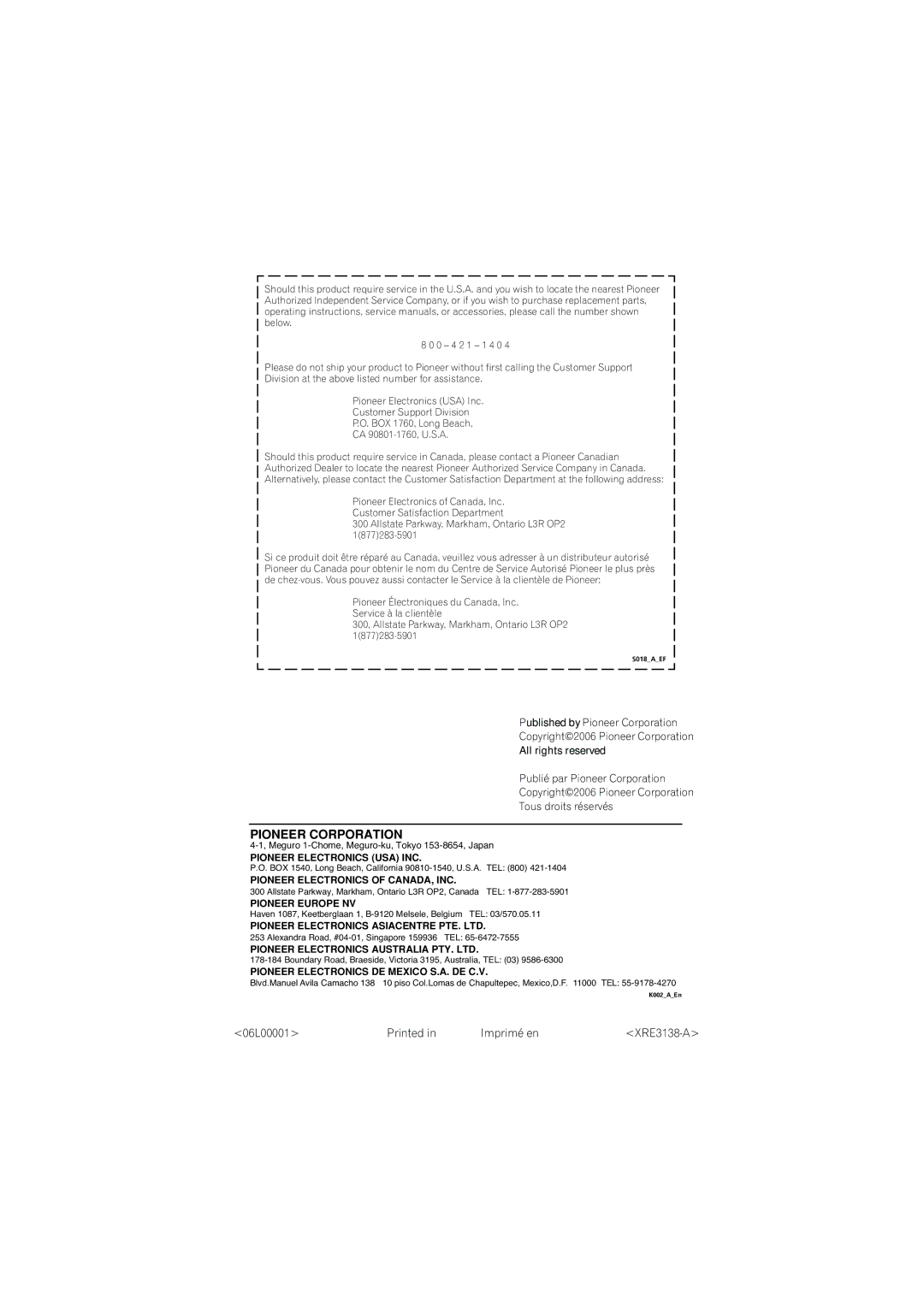 Pioneer XRE3138-A manual Pioneer Corporation 