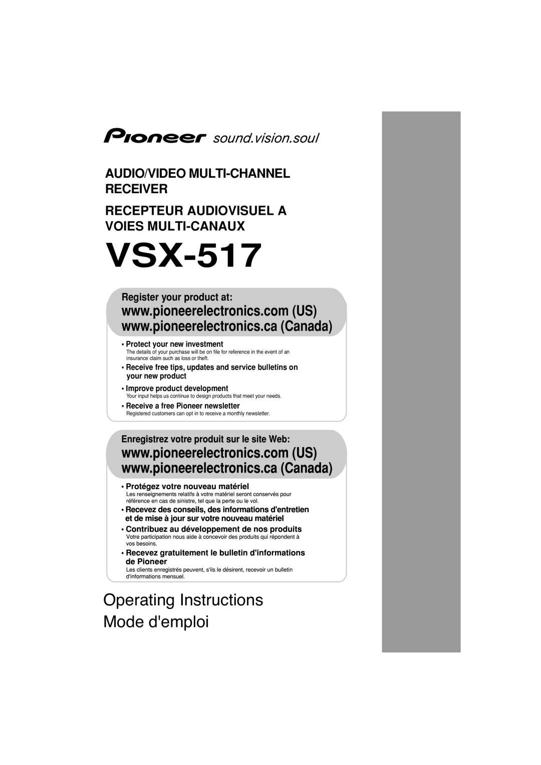 Pioneer XRE3138-A manual VSX-517, Operating Instructions Mode demploi, Audio/Video Multi-Channel Receiver 