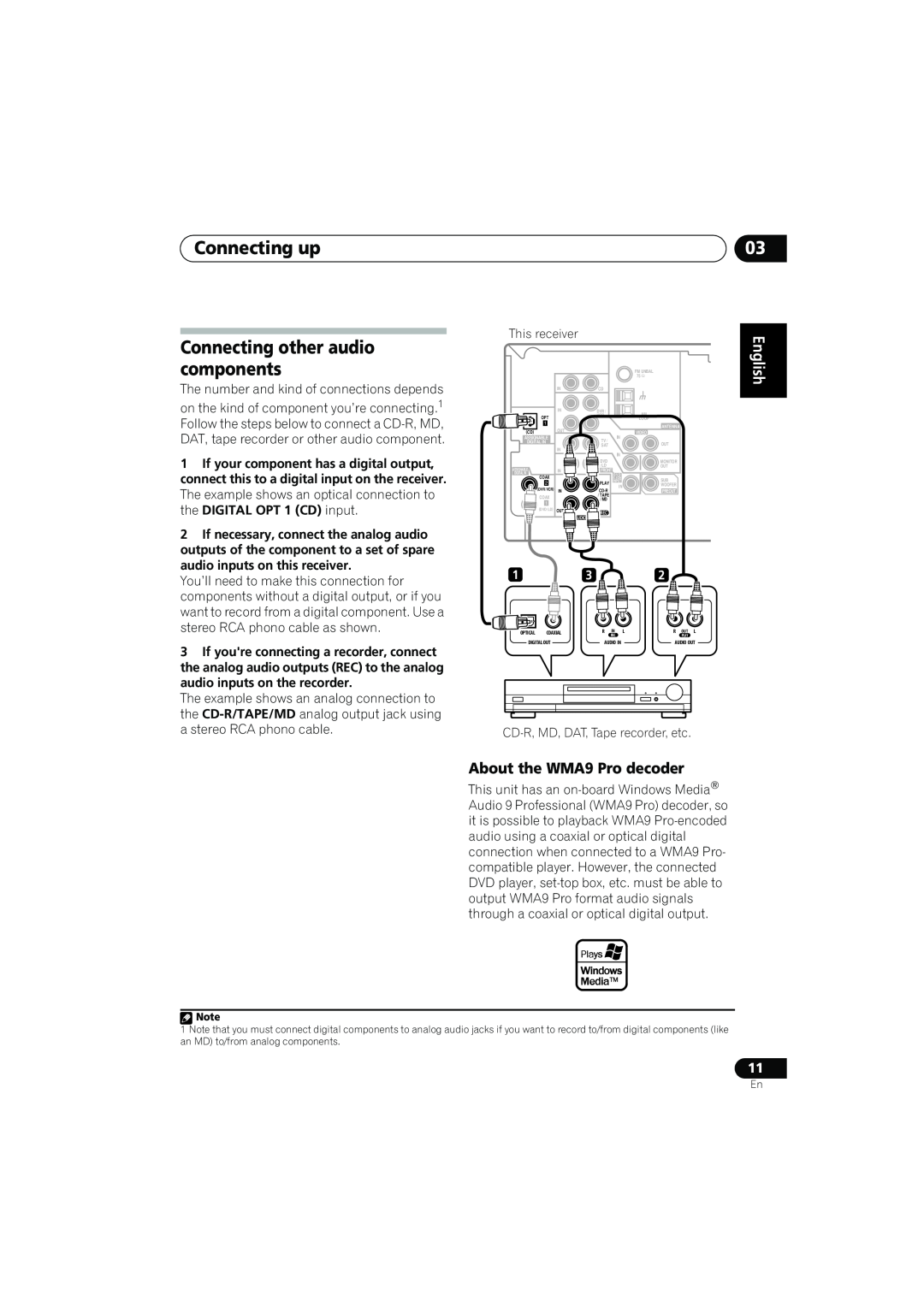 Pioneer XRE3138-A manual Connecting up, Connecting other audio components, About the WMA9 Pro decoder 