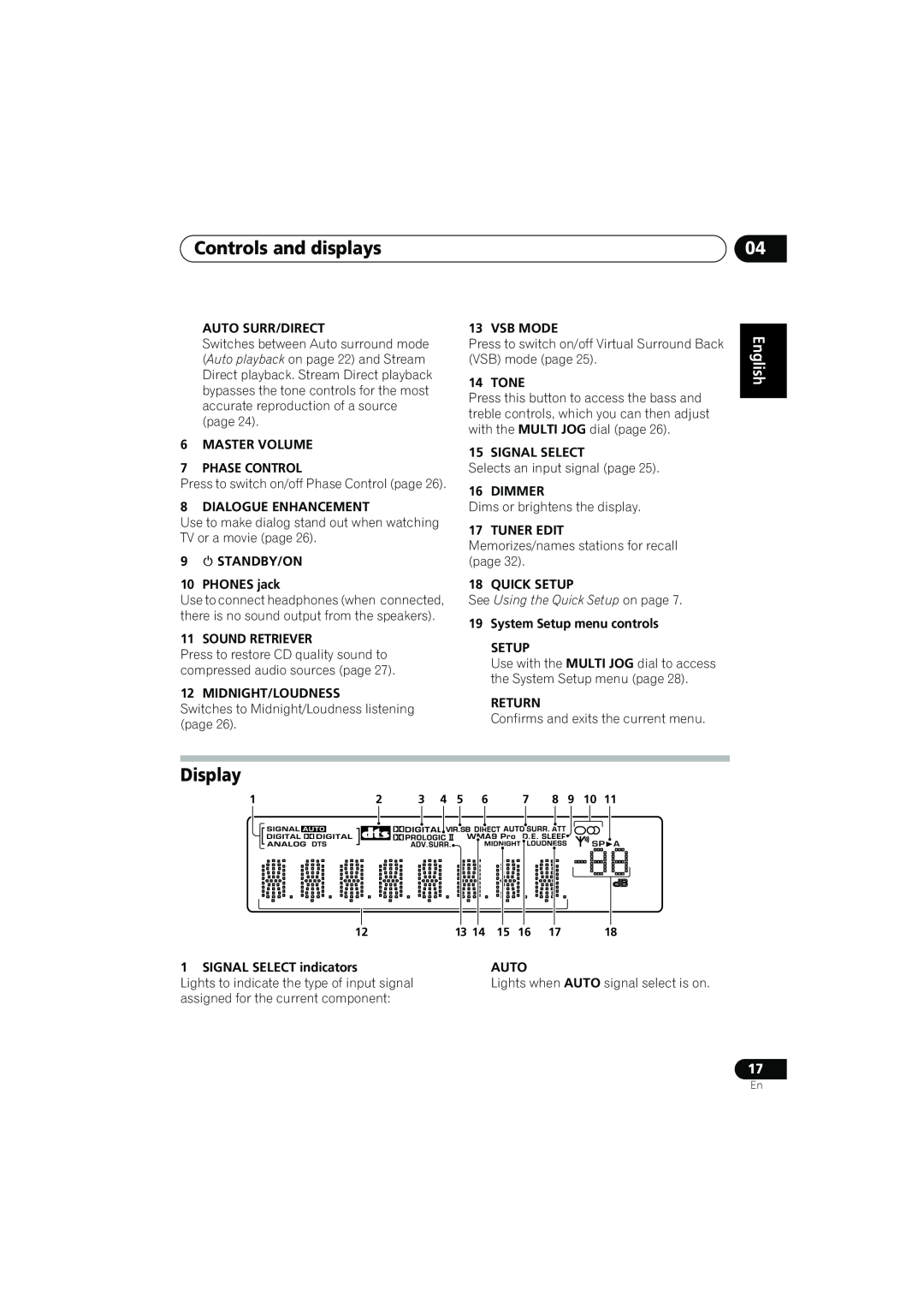 Pioneer XRE3138-A manual Controls and displays, Display, English Deutsch Français Italiano Nederlands, Español 