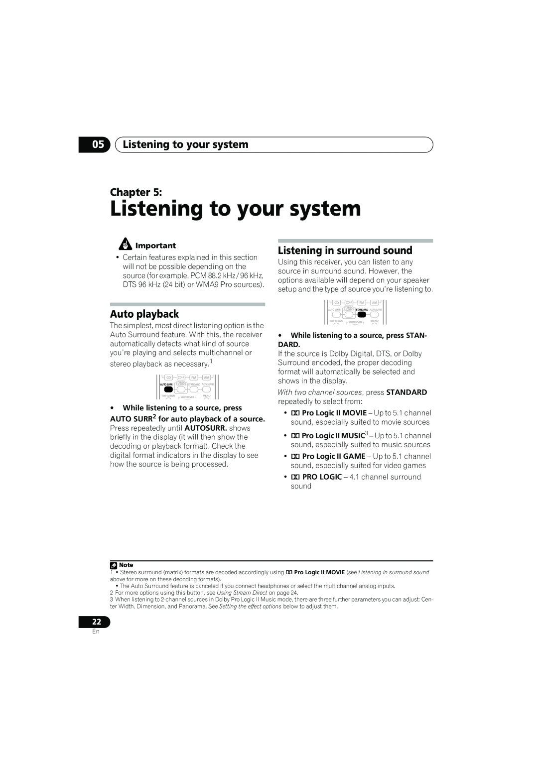 Pioneer XRE3138-A manual 05Listening to your system Chapter, Listening in surround sound, Auto playback 