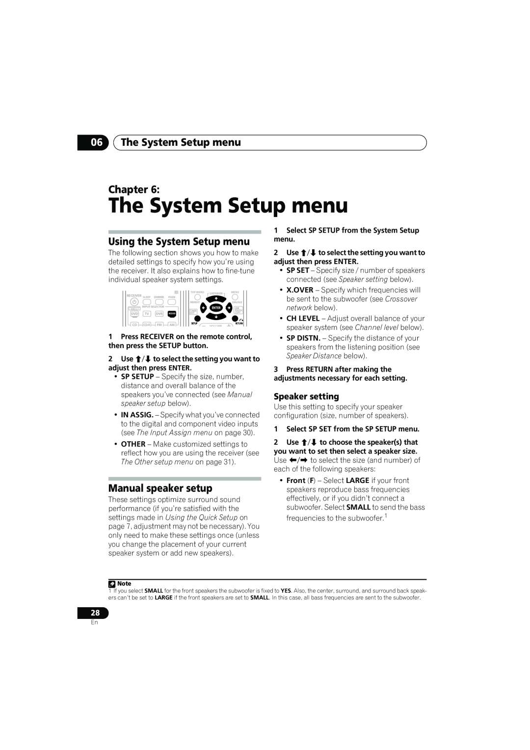 Pioneer XRE3138-A 06The System Setup menu Chapter, Using the System Setup menu, Manual speaker setup, Speaker setting 