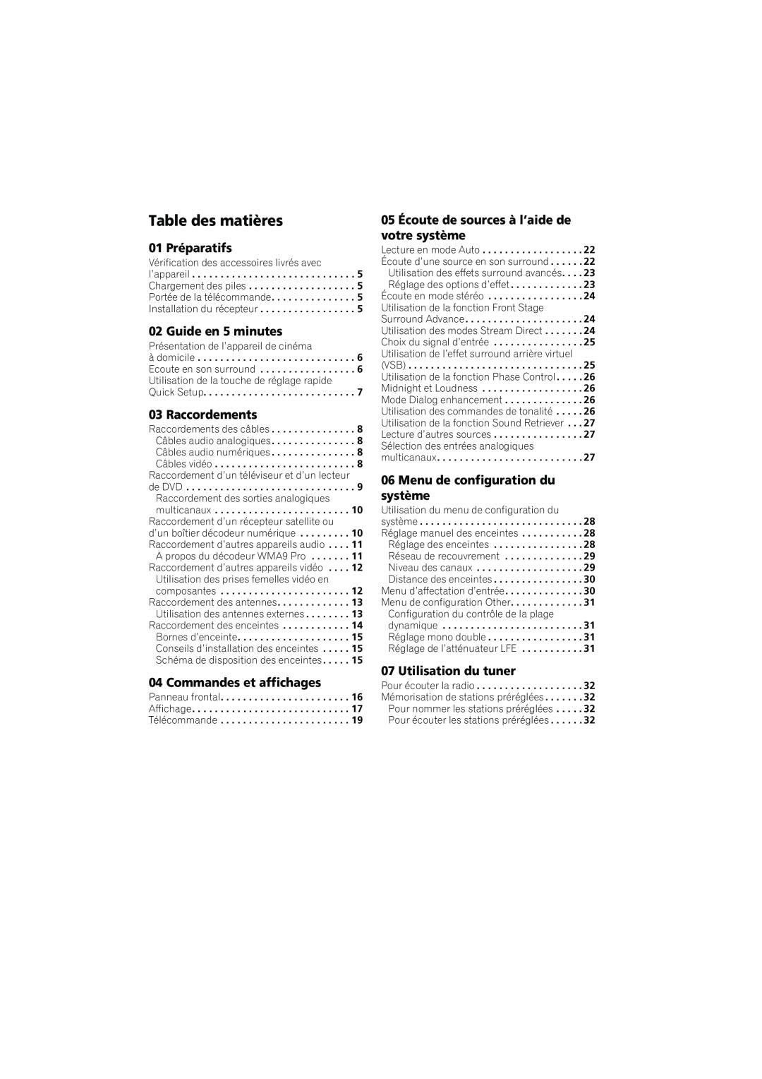 Pioneer XRE3138-A manual Table des matières, 01 Préparatifs, Guide en 5 minutes, Raccordements, Commandes et affichages 
