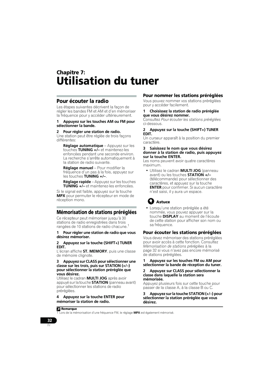 Pioneer XRE3138-A manual Utilisation du tuner, Pour écouter la radio, Mémorisation de stations préréglées, Chapitre 