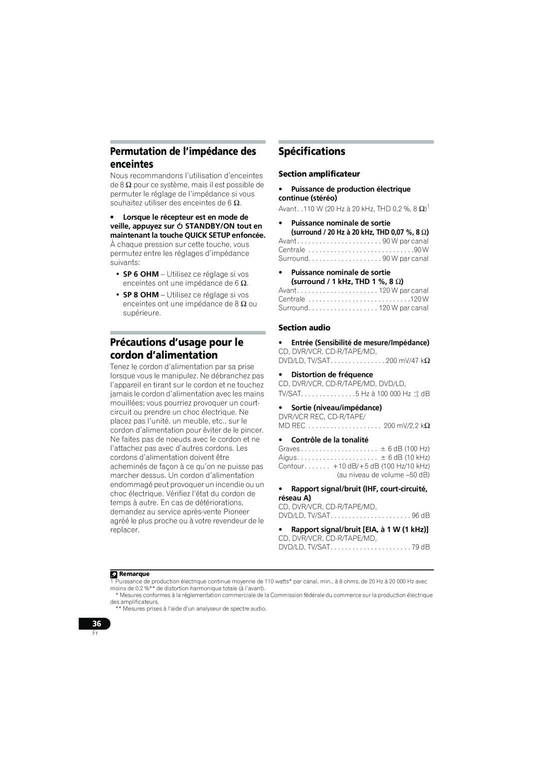 Pioneer XRE3138-A manual Permutation de l’impédance des enceintes, Spécifications, Section amplificateur, Section audio 