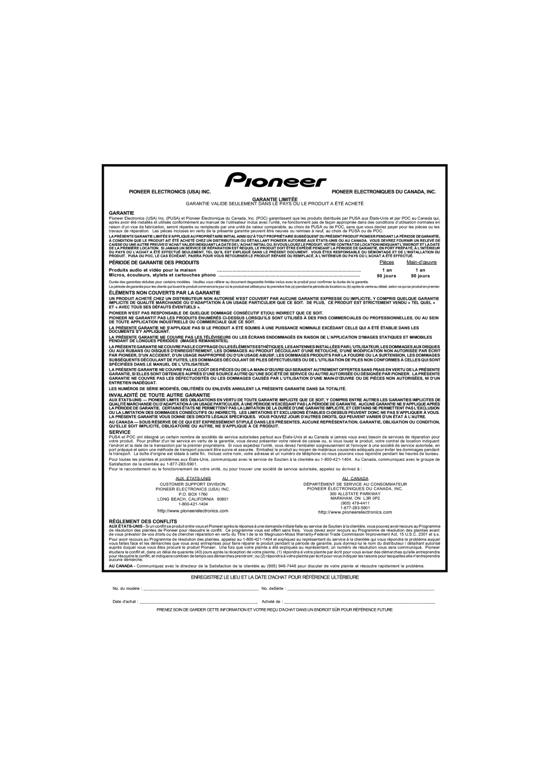 Pioneer XRE3138-A Pioneer Electronics Usa Inc, Garantie Limitée, Période De Garantie Des Produits, Main-d’œuvre, Service 