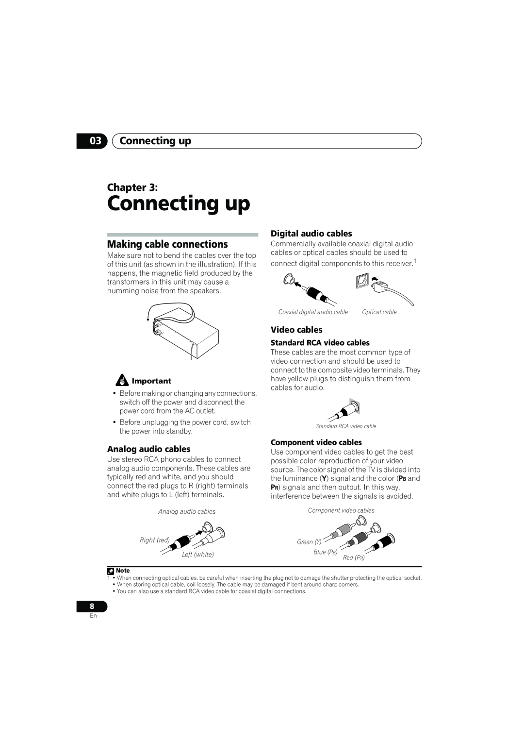 Pioneer XRE3138-A manual 03Connecting up Chapter, Making cable connections, Digital audio cables, Video cables 