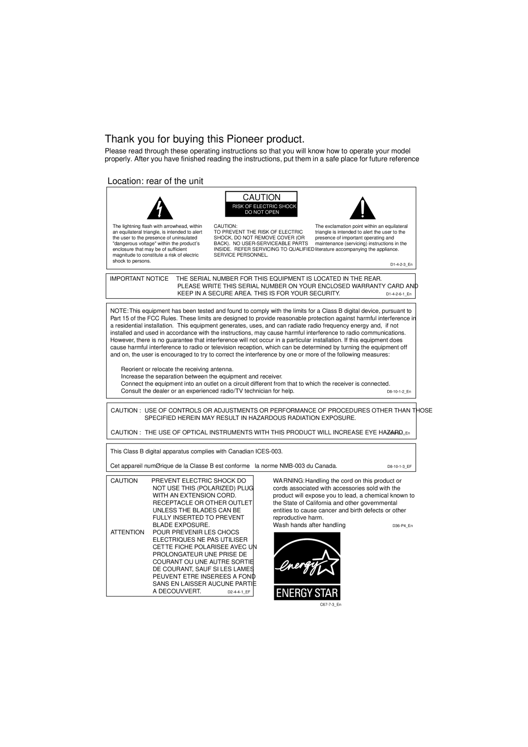 Pioneer XV-DV250 operating instructions Thank you for buying this Pioneer product, Location rear of the unit 