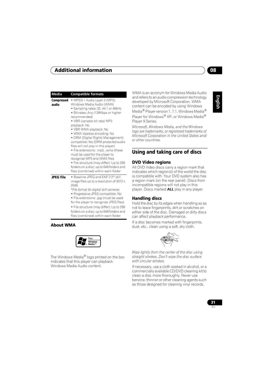 Pioneer XV-DV250 Additional information, Using and taking care of discs, About WMA, DVD Video regions, Handling discs 