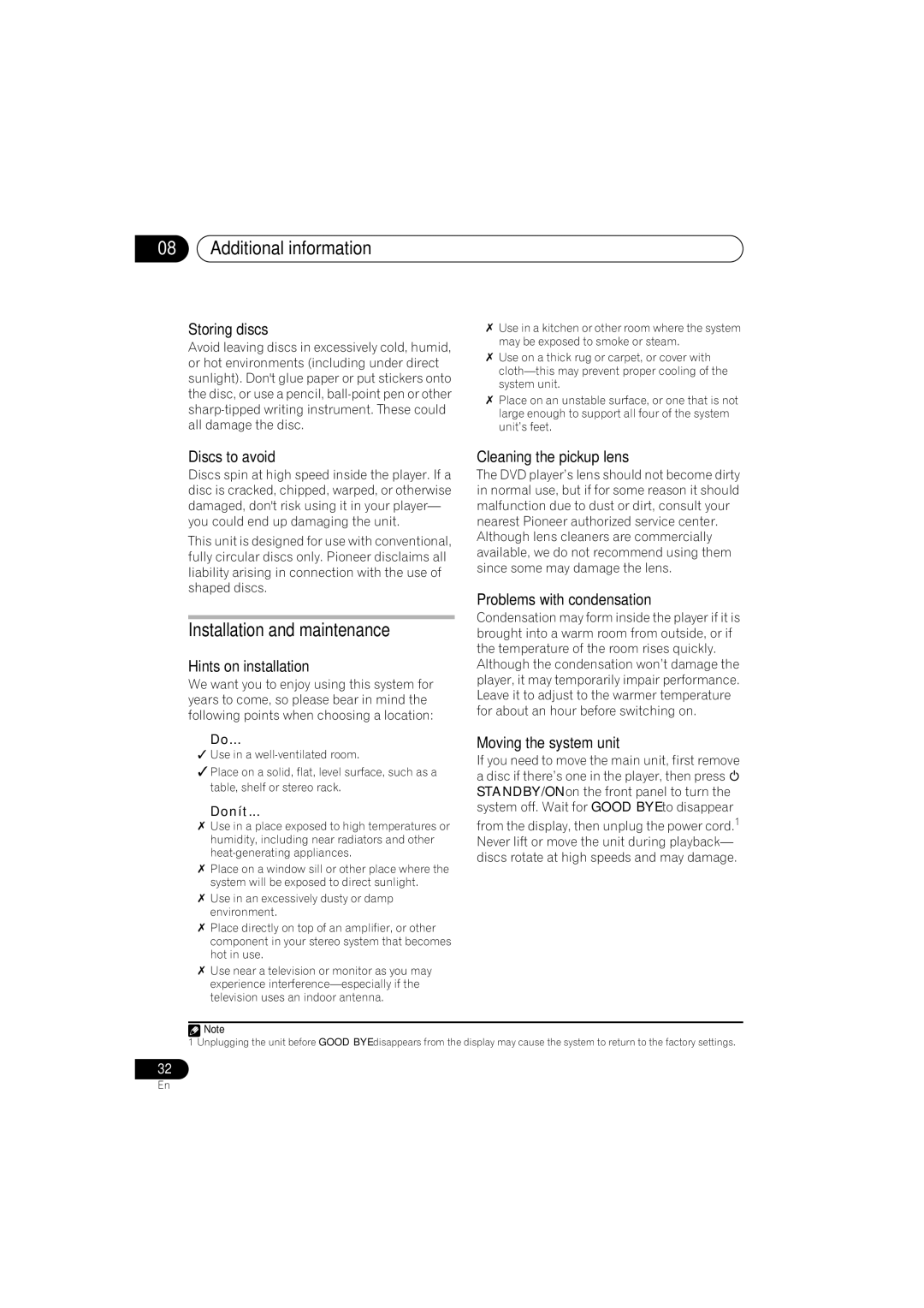 Pioneer XV-DV250 operating instructions Installation and maintenance 