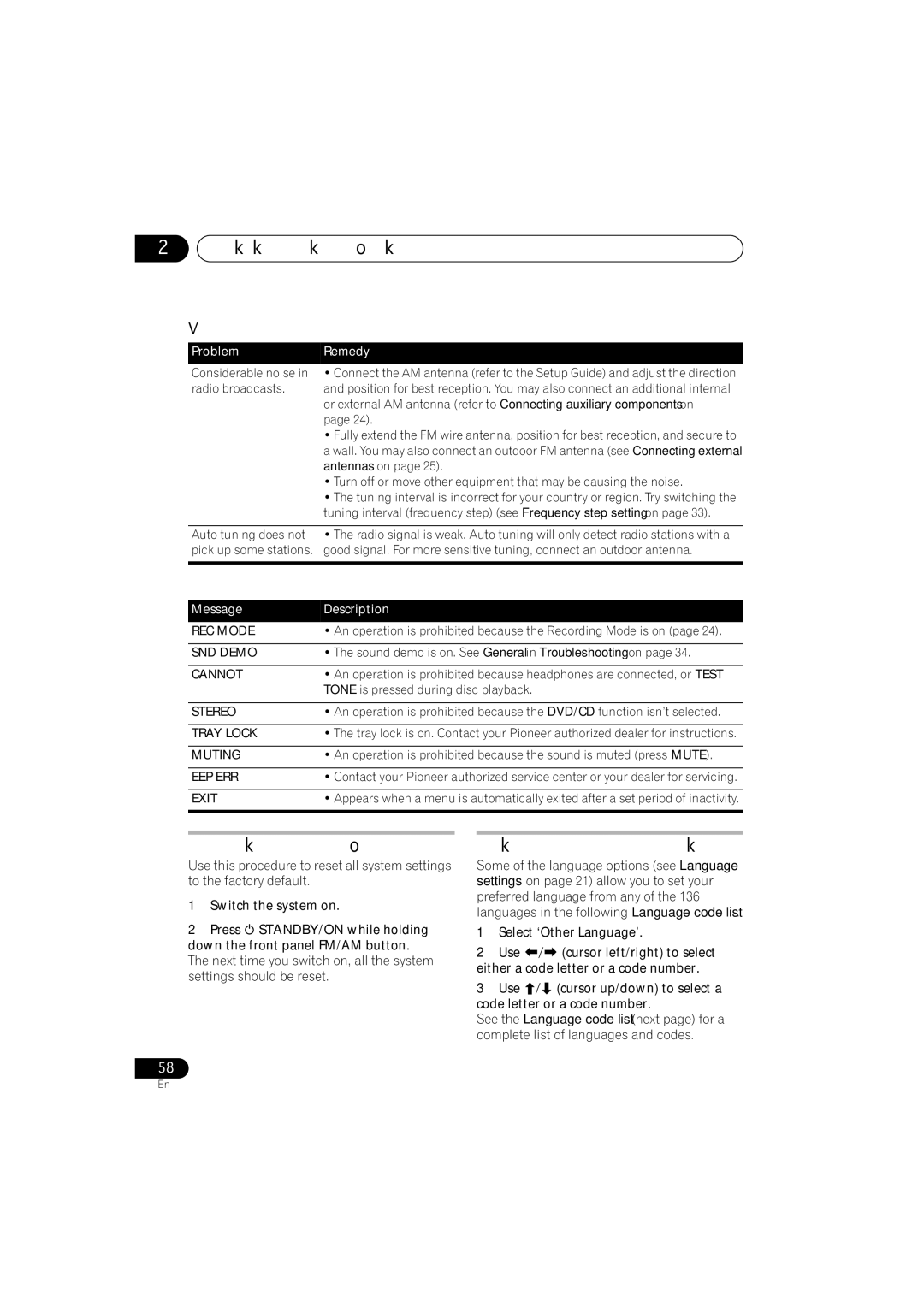 Pioneer XV-DV250 operating instructions Resetting the system, Using the language code list, Tuner, Error Messages 