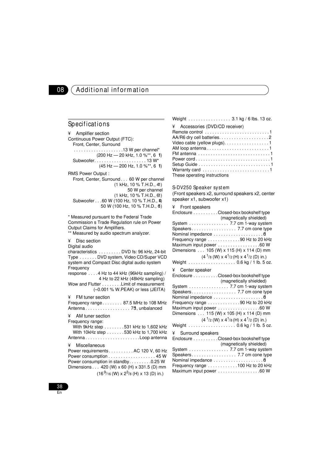 Pioneer XV-DV250 operating instructions Additional information Specifications, DV250 Speaker system 