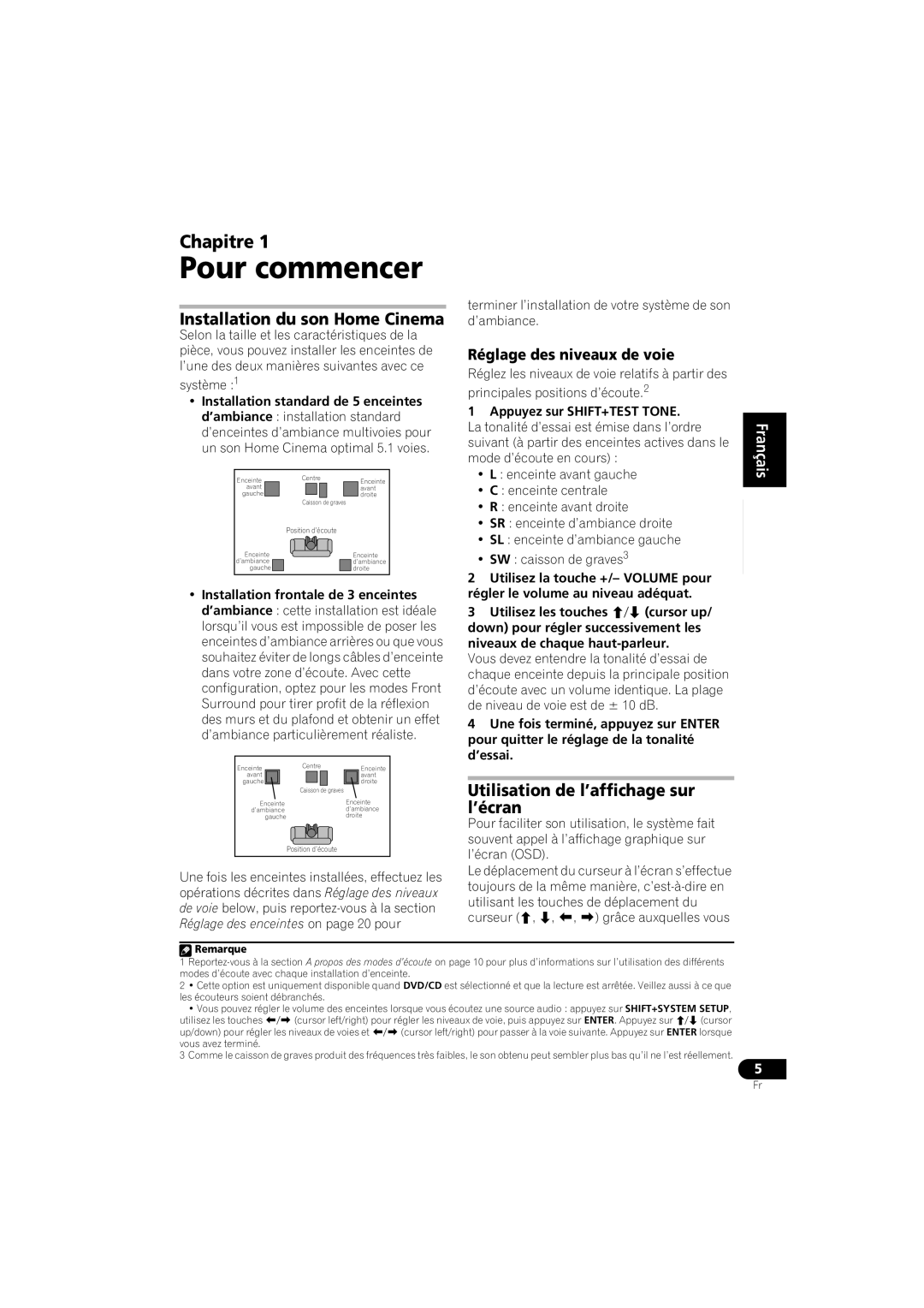 Pioneer XV-DV250 Pour commencer, Chapitre, Installation du son Home Cinema, Utilisation de l’affichage sur l’écran 