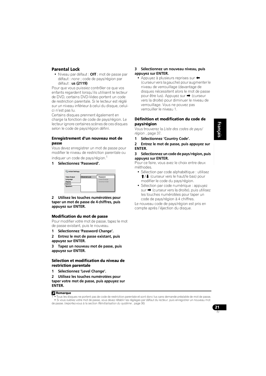 Pioneer XV-DV250 Définition et modification du code de pays/région, Enregistrement d’un nouveau mot de passe 