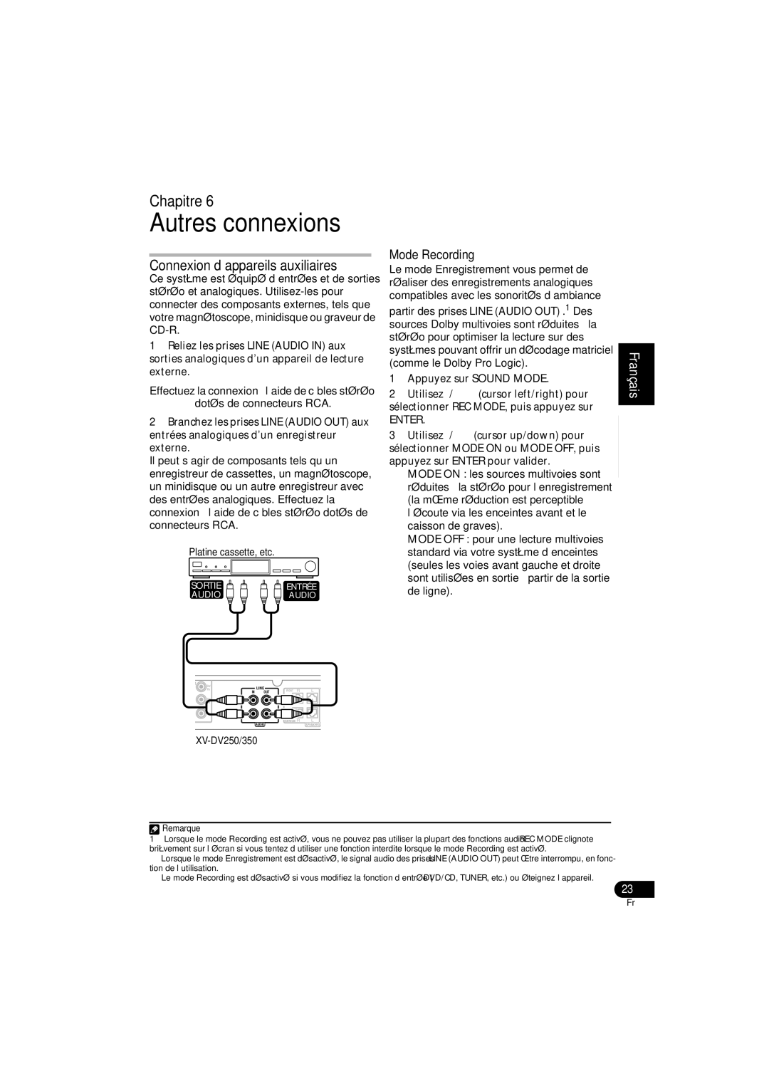 Pioneer XV-DV250 operating instructions Autres connexions, Connexion d’appareils auxiliaires, Mode Recording 