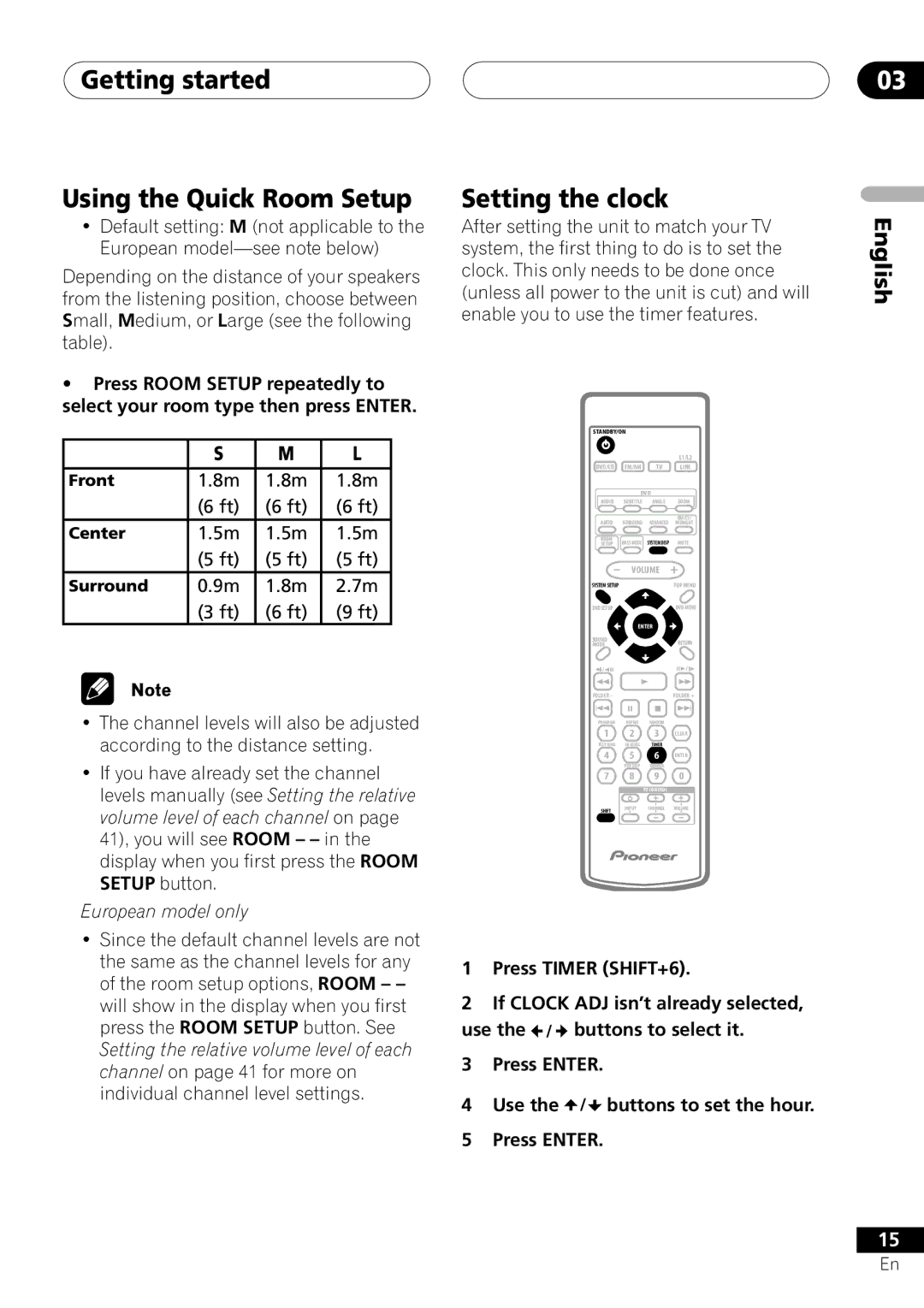 Pioneer S-DV303, XV-DV303 Getting started Using the Quick Room Setup, Setting the clock, Press Timer SHIFT+6 