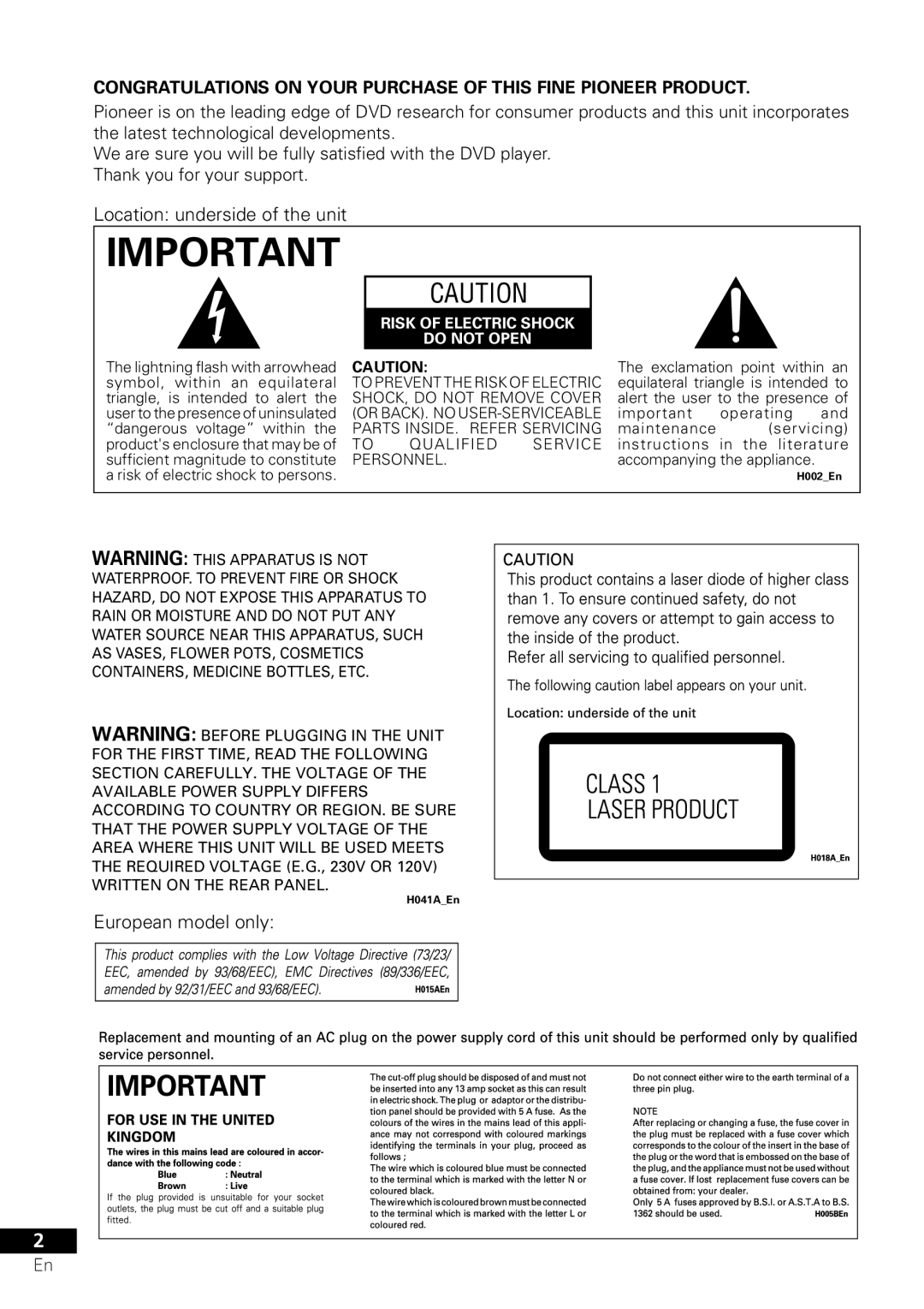 Pioneer XV-DV303, S-DV303 operating instructions European model only, Risk of Electric Shock Do not Open 