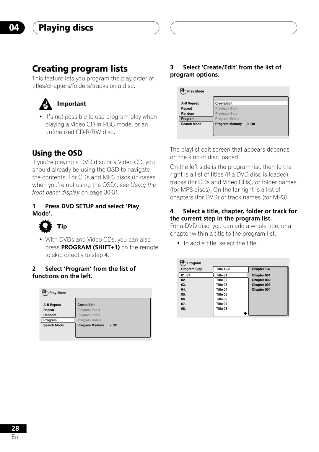 Pioneer XV-DV303, S-DV303 Playing discs Creating program lists, Press DVD Setup and select ‘Play Mode’ 