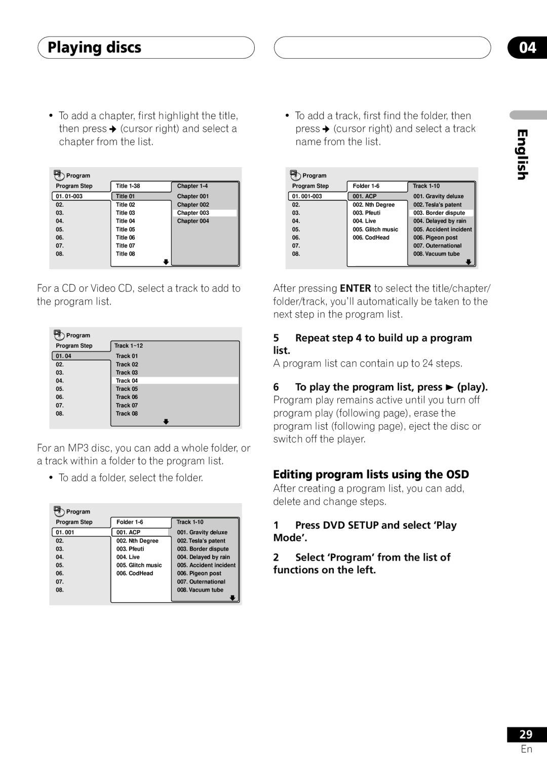 Pioneer S-DV303, XV-DV303 Editing program lists using the OSD, Press, Chapter from the list Name from the list 