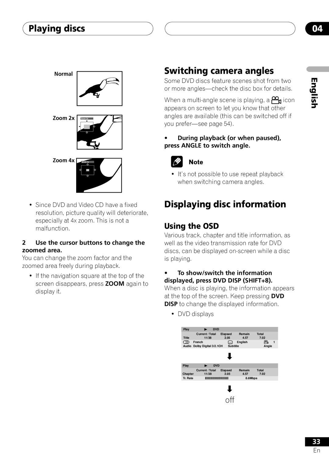 Pioneer S-DV303 Switching camera angles, Displaying disc information, Use the cursor buttons to change the zoomed area 