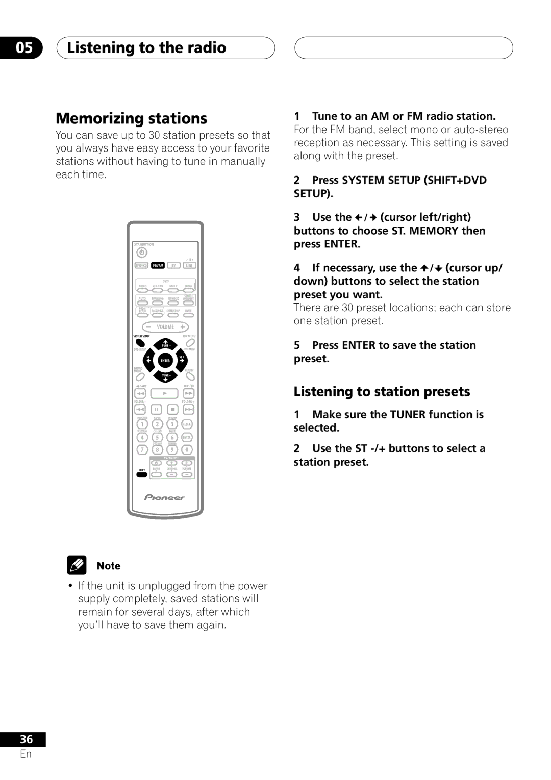 Pioneer XV-DV303, S-DV303 operating instructions Listening to the radio Memorizing stations, Listening to station presets 