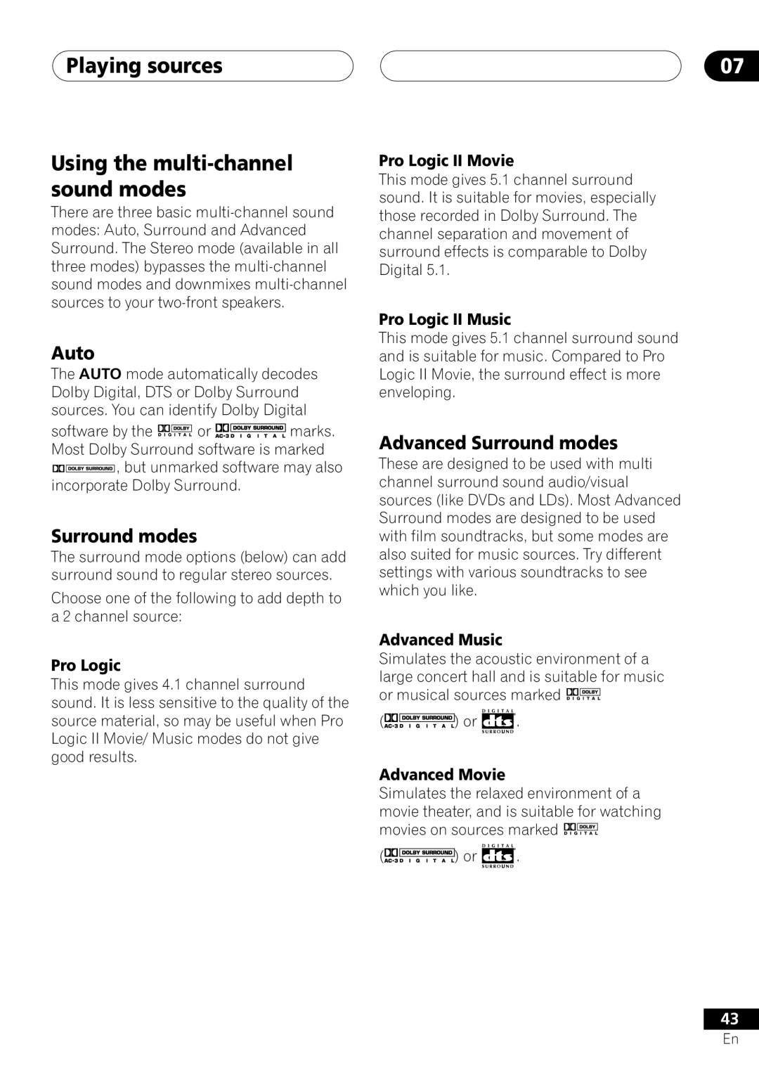 Pioneer S-DV303, XV-DV303 Playing sources Using the multi-channel sound modes, Auto, Advanced Surround modes 