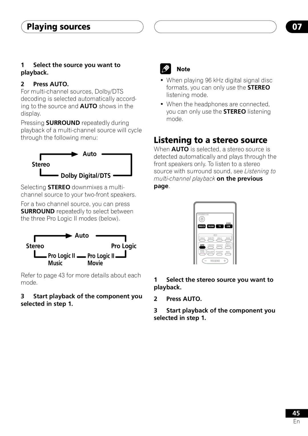 Pioneer S-DV303, XV-DV303 operating instructions Listening to a stereo source, Auto Stereo Dolby Digital/DTS, Music Movie 