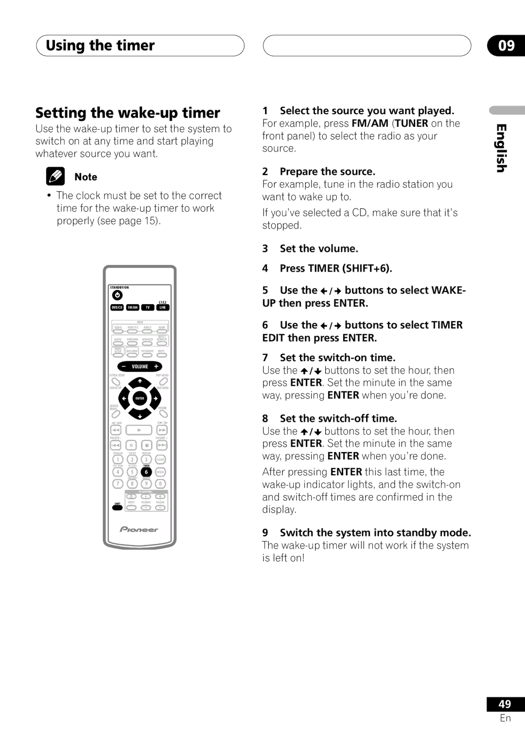 Pioneer S-DV303, XV-DV303 Using the timer Setting the wake-up timer, Front panel to select the radio as your 