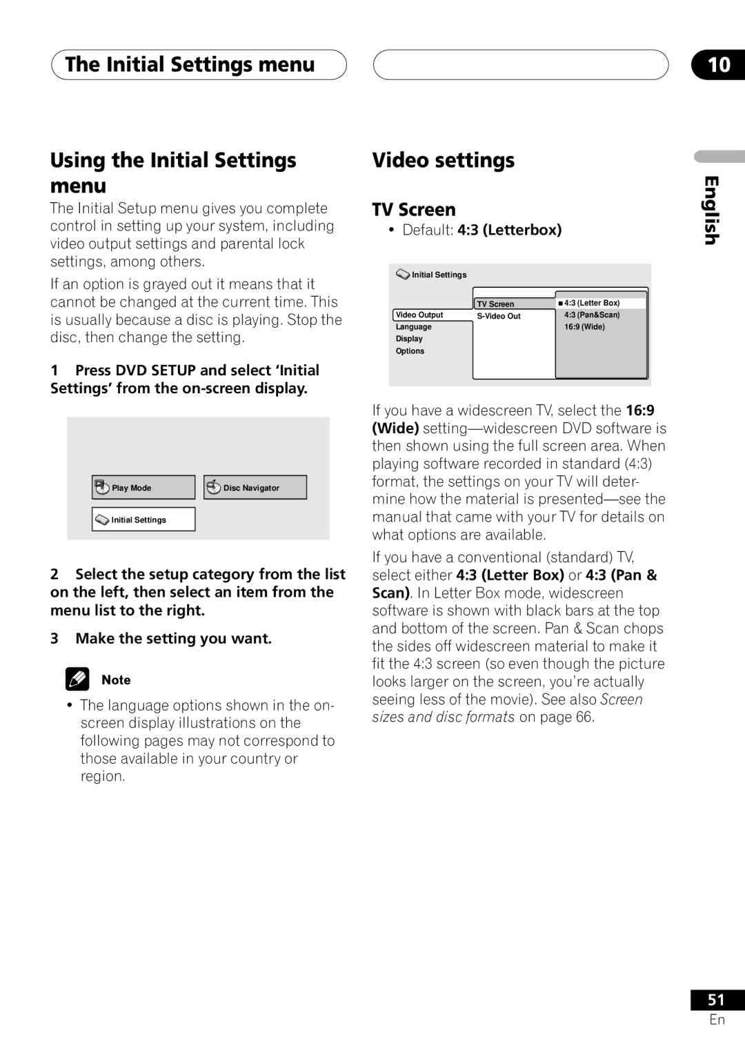 Pioneer S-DV303 Initial Settings menu Using the Initial Settings menu, Video settings, TV Screen, Default 43 Letterbox 