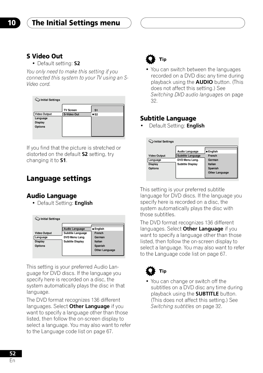 Pioneer XV-DV303, S-DV303 Initial Settings menu, Language settings, Video Out, Audio Language, Subtitle Language 