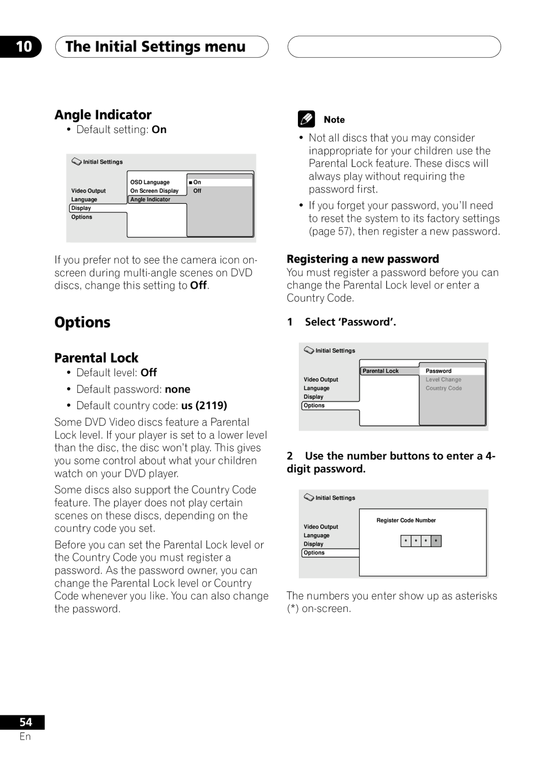 Pioneer XV-DV303, S-DV303 operating instructions Options, Angle Indicator, Parental Lock, Registering a new password 