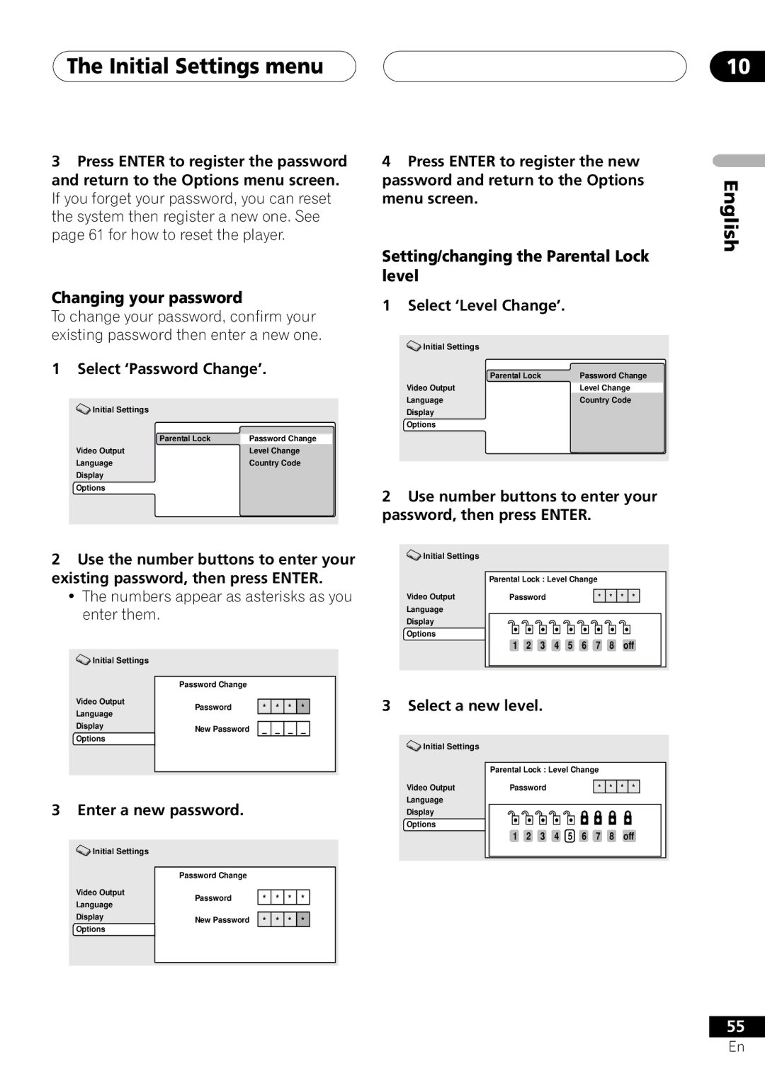 Pioneer S-DV303, XV-DV303 operating instructions Changing your password, Setting/changing the Parental Lock level 