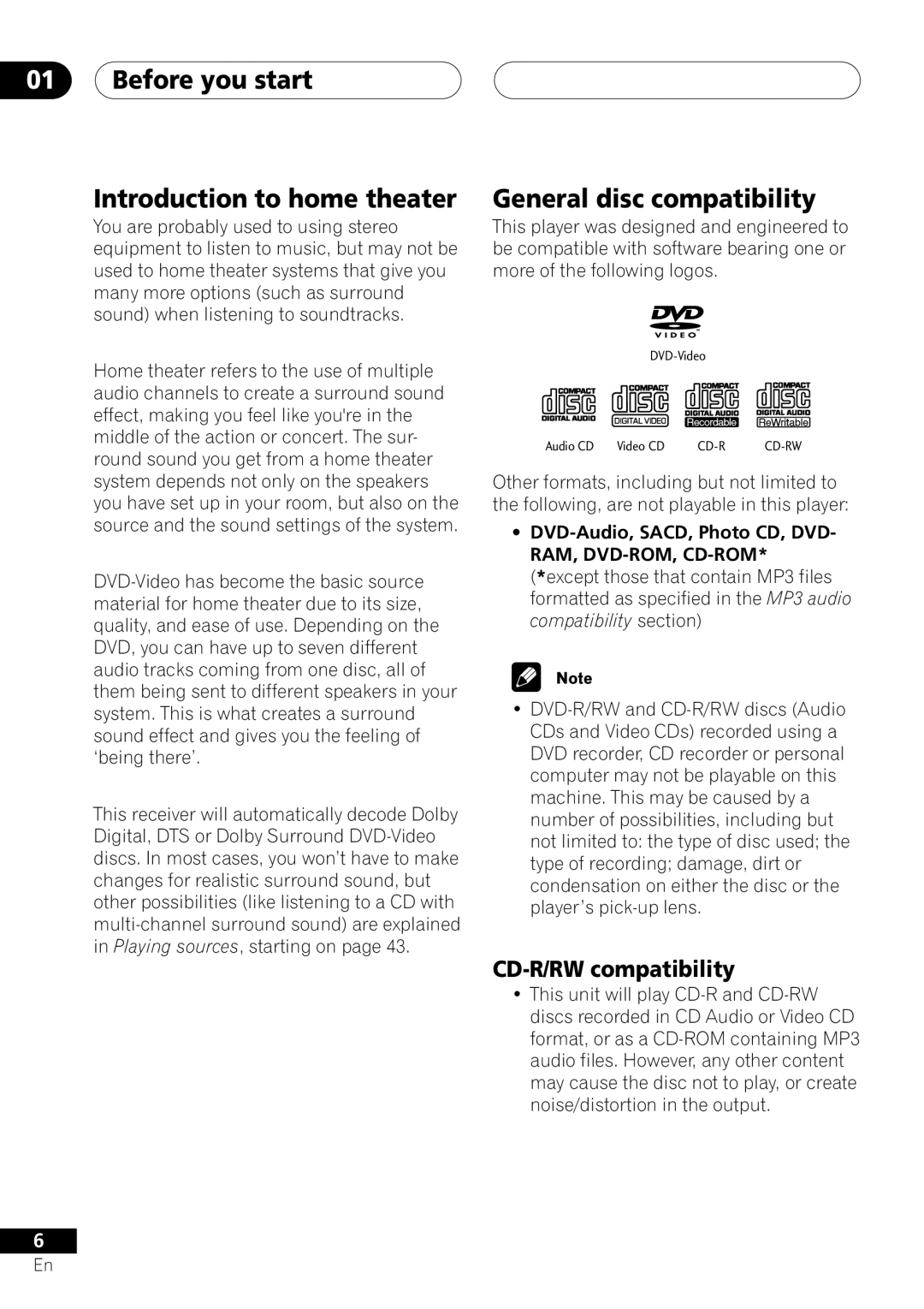 Pioneer XV-DV303, S-DV303 Before you start Introduction to home theater, General disc compatibility, CD-R/RW compatibility 