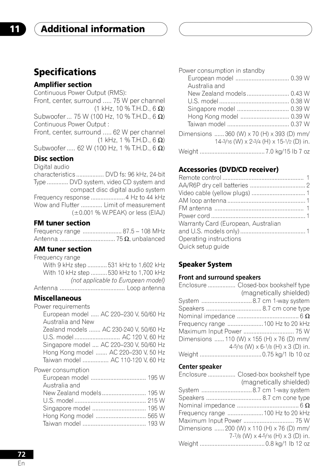 Pioneer XV-DV303, S-DV303 operating instructions Additional information Specifications 