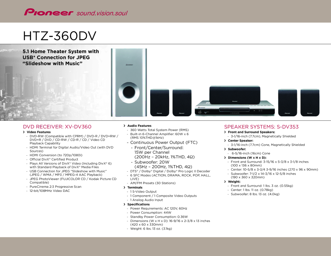 Pioneer dimensions HTZ-360DV, DVD Receiver XV-DV360, Speaker Systems S-DV353 