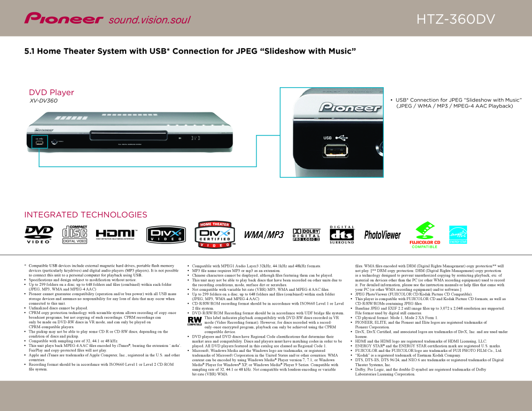 Pioneer XV-DV360 dimensions DVD Player, Integrated Technologies, HTZ-360DV 