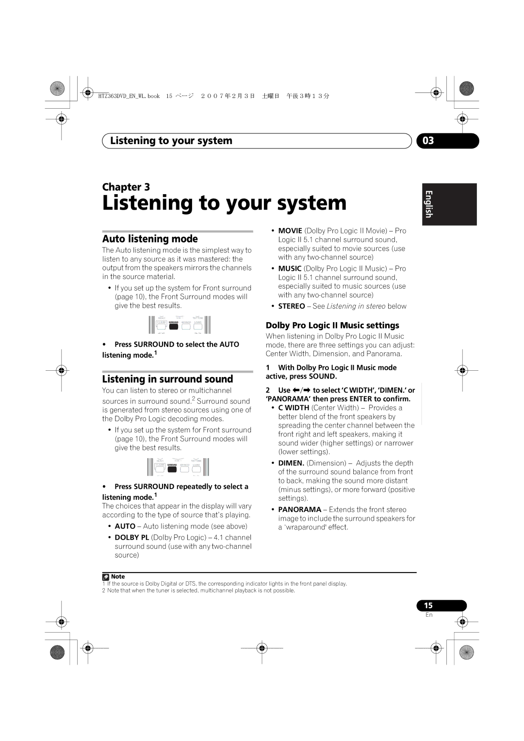 Pioneer XV-DV363 manual Listening to your system Chapter, Auto listening mode, Listening in surround sound 