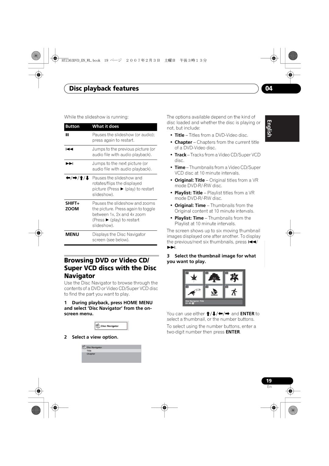 Pioneer XV-DV363 manual Disc playback features, While the slideshow is running, Select a view option 