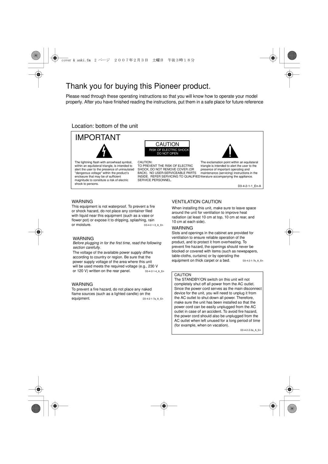 Pioneer XV-DV363 manual Location bottom of the unit, Ventilation Caution 