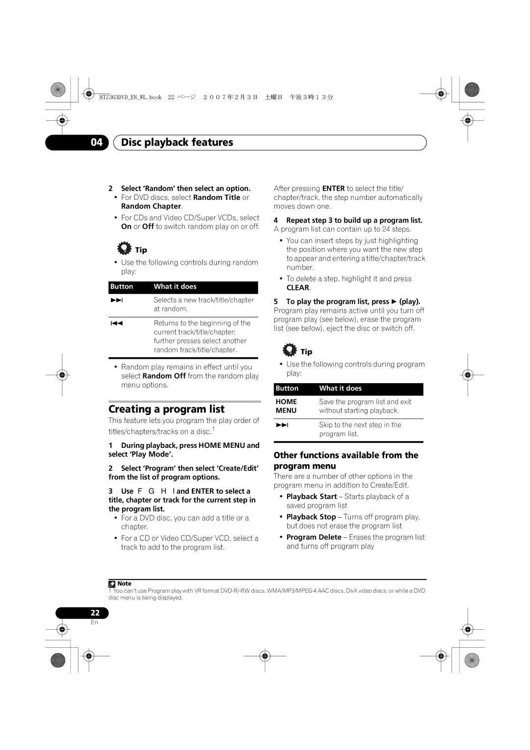 Pioneer XV-DV363 manual Creating a program list, Other functions available from the program menu, Button 