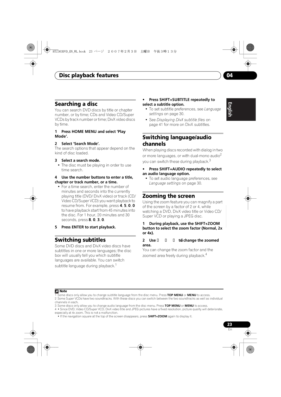 Pioneer XV-DV363 manual Disc playback features Searching a disc, Switching subtitles, Switching language/audio Channels 